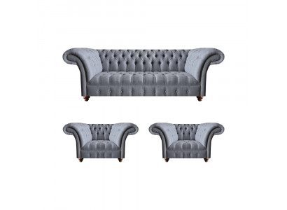 Chesterfield lichtgrijze bankstel elegante bekleding driezitter 2x fauteuils