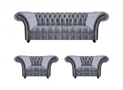 Chesterfield lichtgrijze bankstel elegante bekleding driezitter 2x fauteuils
