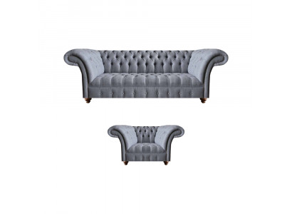 Chesterfield Designer Grijs Gestoffeerd Meubelset Moderne Textielbankstel 2-delig