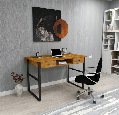 Bruine houten tafel met 2 laden, design kantoormeubilair luxe bureau.