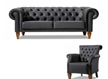Zwarte Chesterfield zitgroep lederen sofa moderne eenzitter 2-delige set