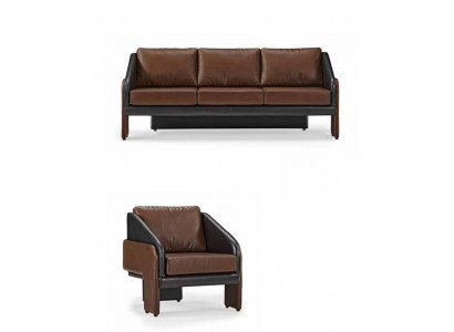 Bruin-zwart leren zithoek stijlvolle driezitter fauteuil 2-delig