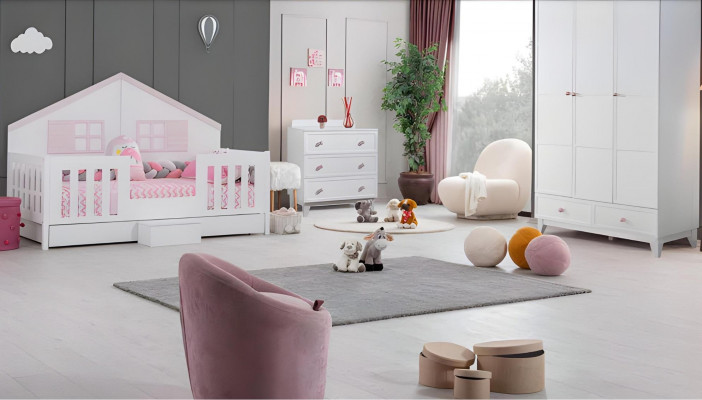 Kinderkamer set modern bed meerkleurig kledingkast commode licht nieuw
