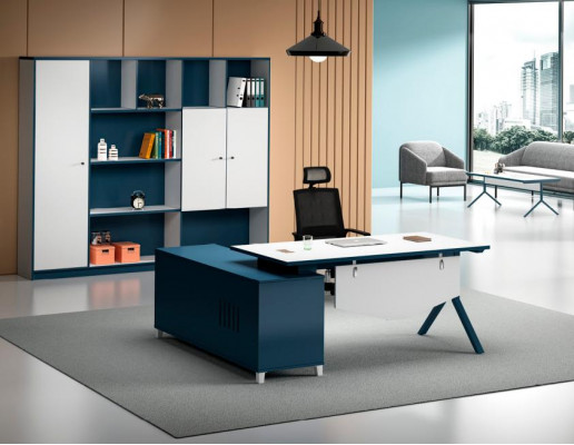 Werkkamer Blauw-Witte Bureau Designer Houten Tafel Elegante Meubels