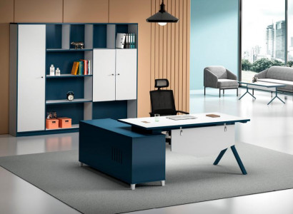 Werkkamer Blauw-Witte Bureau Designer Houten Tafel Elegante Meubels
