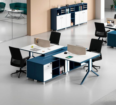 Blauw-witte werktafel werkplek meubilair ontwerper hoogwaardige tafels