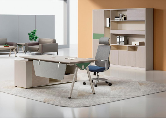 Stijlvolle beige hoektafel designer bureau werkkamer houten meubelen