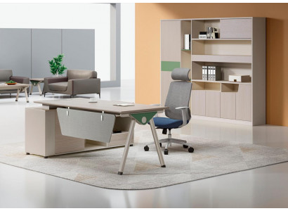 Stijlvolle beige hoektafel designer bureau werkkamer houten meubelen