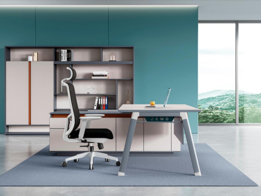 Grijze werkkamer hoekbureau Luxe houten directeur archiefbureau