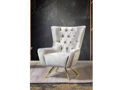 Chesterfield lichtgrijze gestoffeerde fauteuil woonkamer stoel roestvrijstalen poten