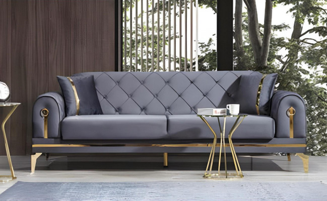 Chesterfield grijze stoffen bank Designer woonkamer driezits textiel 3-zits