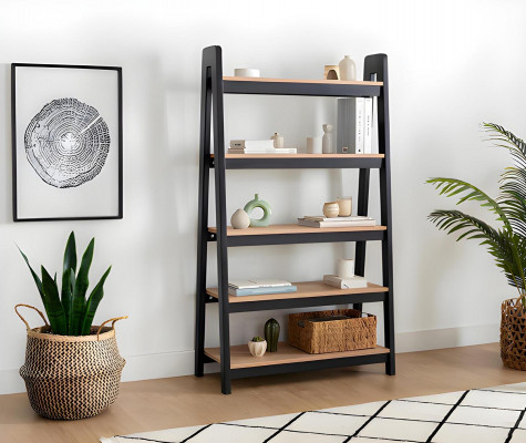 Zwart-beige boekenplank woonkamer, dossierrekken houten planken meubels