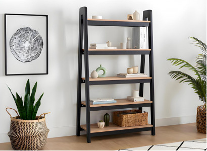 Zwart-beige boekenplank woonkamer, dossierrekken houten planken meubels