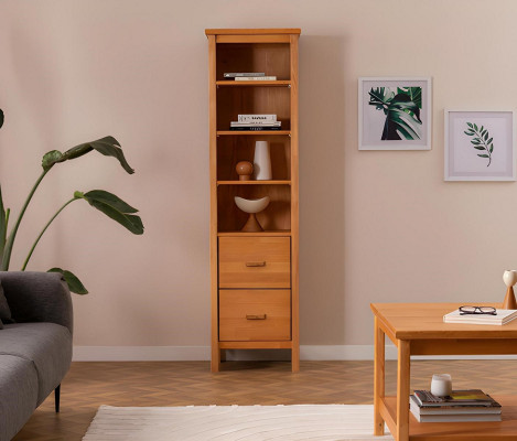 Robuuste lichtbruine woonkamer vitrine designer houten kast met 2 laden.
