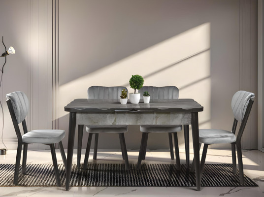 Stijlvolle eetkamer grijze eettafel rechthoekige tafel designer blad
