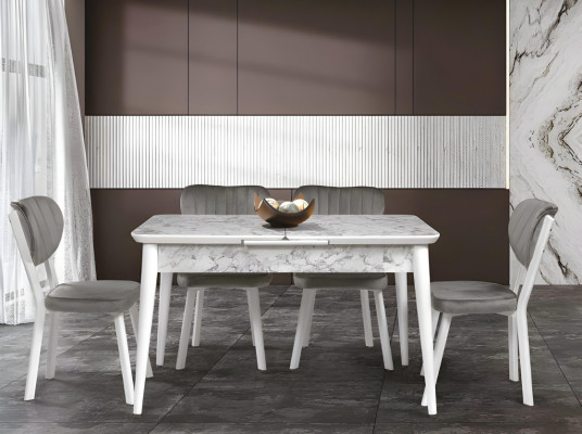 Gemodelleerde witte eettafel met uittrekbaar tafelblad robuuste tafel