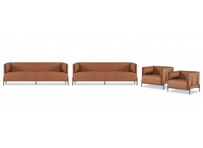 Bruine leren set Designer studeerkamer meubels 2x driezits fauteuil