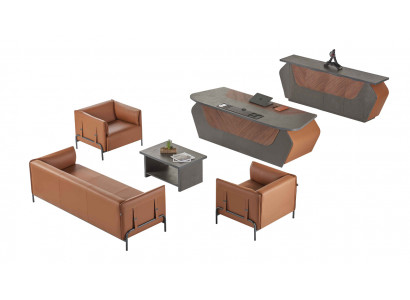 Bruin-grijze werkkamer meubels 3-zits fauteuil bureautafel dressoir 6-delig