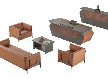 Bruin-grijze werkkamer meubels 3-zits fauteuil bureautafel dressoir 6-delig