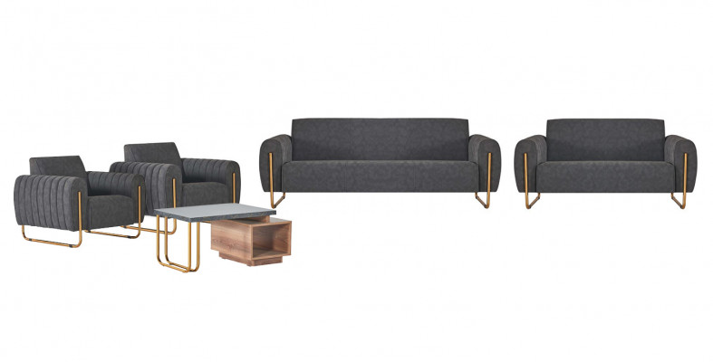 Luxe grijze gestoffeerde zithoek designer banken, elegante houten salontafel.