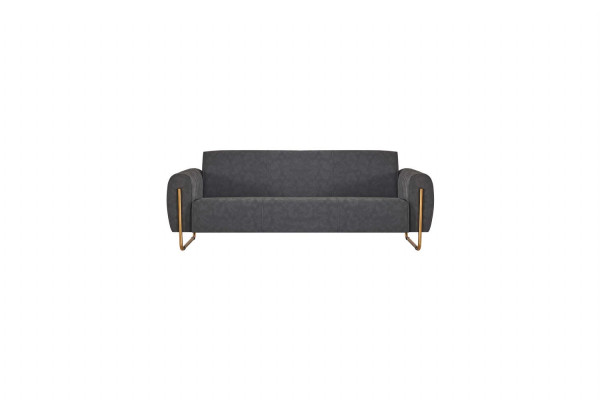 Luxe grijze gestoffeerde zithoek designer banken, elegante houten salontafel.
