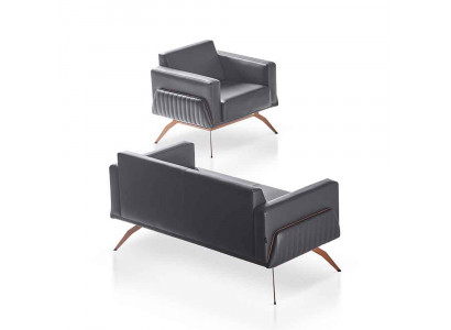 Werkruimte-set, 2-delig, 2-zits bank met fauteuil, grijs effen, woonkamer.