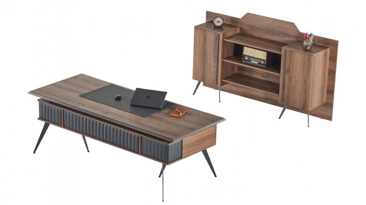 Werkruimte-set, 2-delig, bureautafel, dressoir, opbergruimte, bruin, effen kleur.