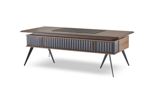 Werkruimte-set, 2-delig, bureautafel, dressoir, opbergruimte, bruin, effen kleur.