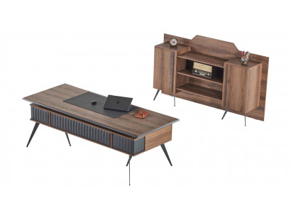 Werkruimte-set, 2-delig, bureautafel, dressoir, opbergruimte, bruin, effen kleur.