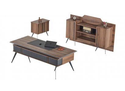 Werkkamer-set 3-delig bureautafel dressoir commode bruin grijs tweekleurig