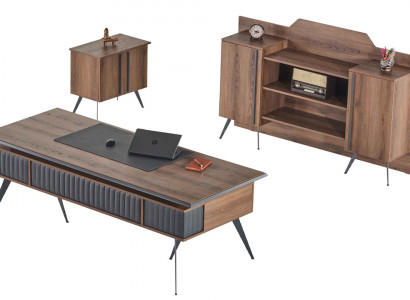 Werkkamer-set 3-delig bureautafel dressoir commode bruin grijs tweekleurig
