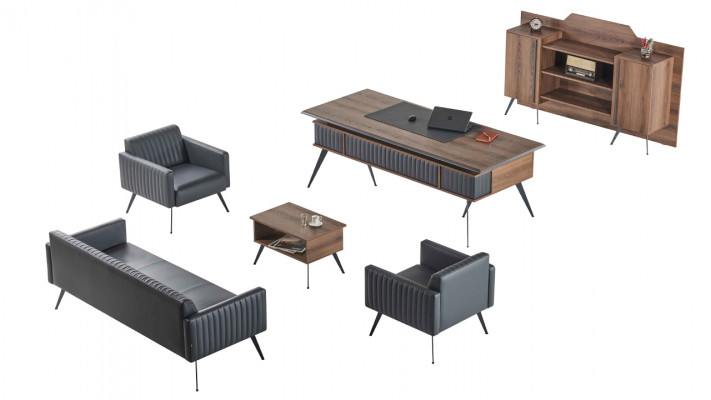 Meerkleurige designer kantoor meubels 3-zits tafel dressoir fauteuil.