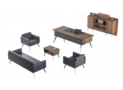 Meerkleurige designer kantoor meubels 3-zits tafel dressoir fauteuil.