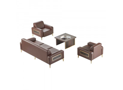 Werkkamerset 4-delig 3-zits 2x fauteuil salontafel bruin woonkamer.