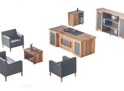 Zwart-bruine kantoorinrichting: bureau, dressoir, sofa, fauteuil