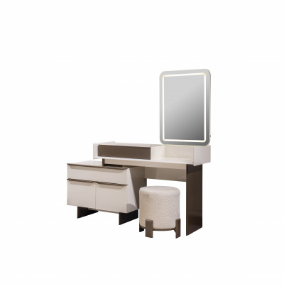 Moderne slaapkamer meubels, elegante kaptafel, gestoffeerde kruk, spiegel.