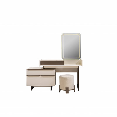 Moderne slaapkamer meubels, elegante kaptafel, gestoffeerde kruk, spiegel.