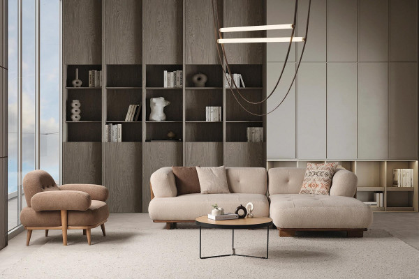 Stijlvolle beige-bruine bankenset Moderne hoekbank Textielzetel 2-delig