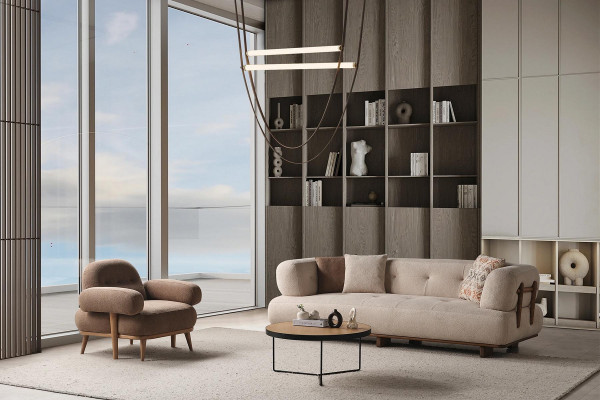 Exclusieve beige woonkamer zitmeubelset woonkamerbanken enkele fauteuil