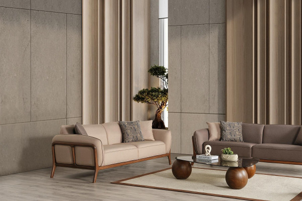 Stijlvolle beige driezits bankstel woonkamer gestoffeerde banken zitmeubilair