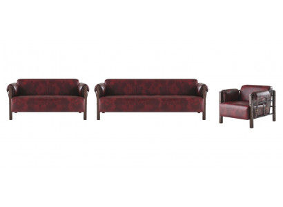 Bank Bordeaux lederen sofa's hout compleet 3-delig 3-zit 2-zit fauteuil