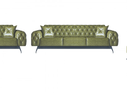 Sofa-set bank 3-zits leren fauteuil groen klassiek Chesterfield gestoffeerd 4-delig.