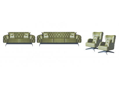 Chesterfield gestoffeerde 3-zits 2-zits fauteuil groen set klassiek leder 4-delig.