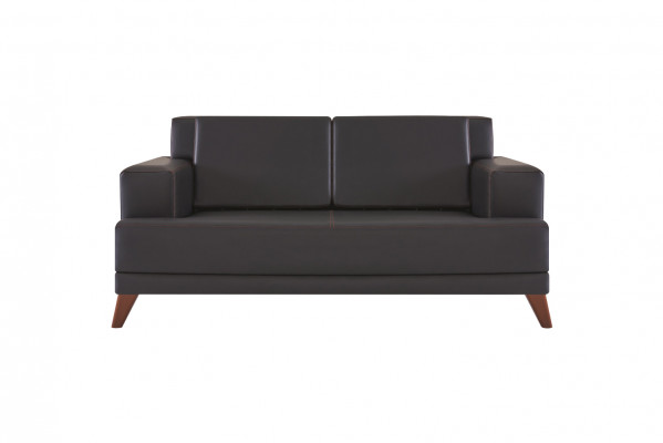 Bank Leren 2-Zits Sofa Zwart Effen Modern Design Leren Bank Hout