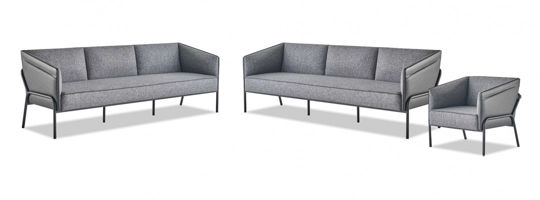 Bankstellen Leder Grijs Modern 3-zits 2x Stoel Textiel Roestvrijstaal Hout