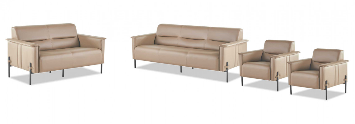 Compleet Modern Bankstel 3-Zits 2-Zits Fauteuil Beige Leren Bankstel Hout