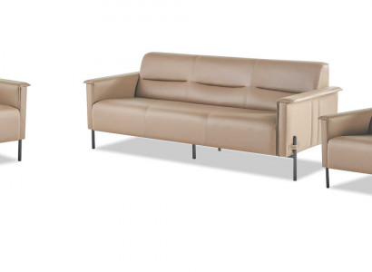 Compleet Modern Bankstel 3-Zits 2-Zits Fauteuil Beige Leren Bankstel Hout