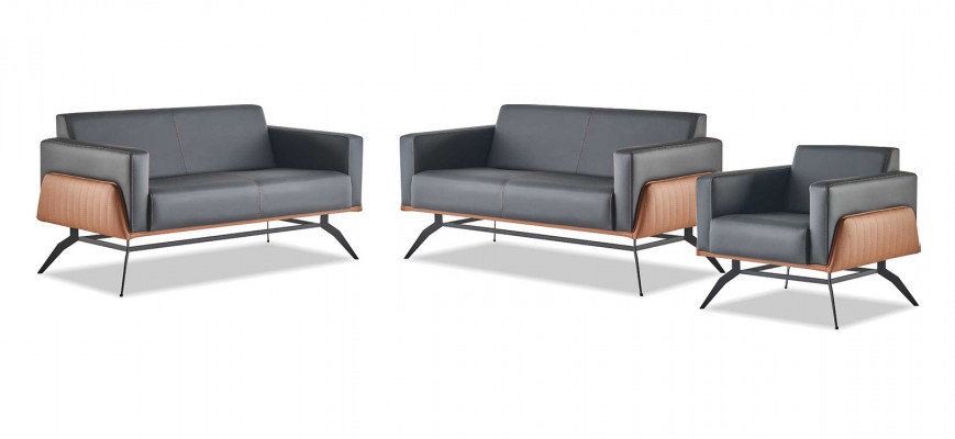 Ledersofa's Set Compleet Leder Hout Zwart Bruin 2-Zits Fauteuil Modern