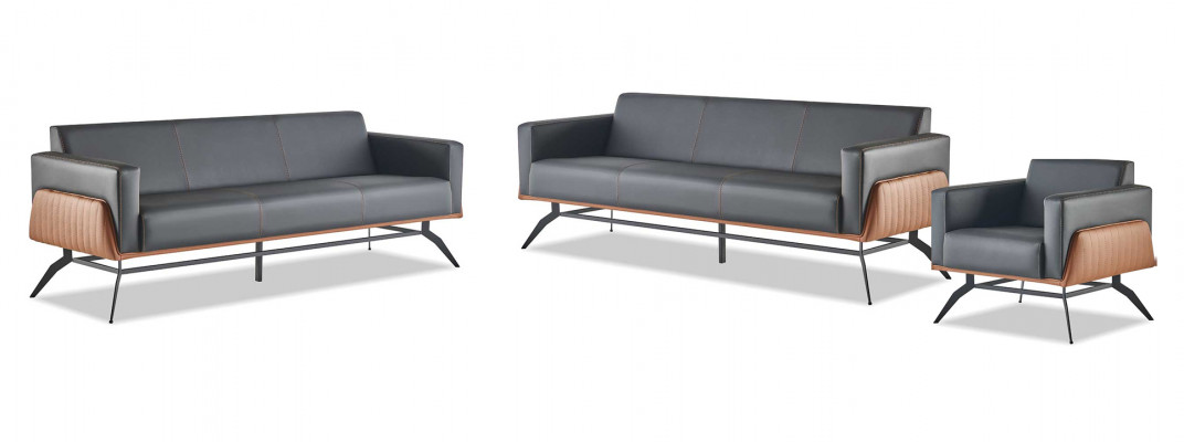 Bankstel Zwart Bruin 3-zits Fauteuil Lederen Banken Roestvrij Staal Hout