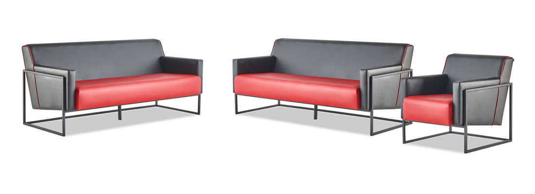 Leren banken zwart rood tweekleurig leren set 3-zits fauteuil modern.